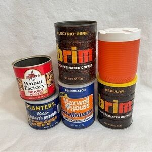 Vintage coffee & peanut cans from the 70s Brim, Maxwell House, Planters 6 pieces